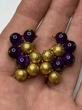 Trifari Purple Glass(?) Gold Ball Clip Earrings Vintage Signed