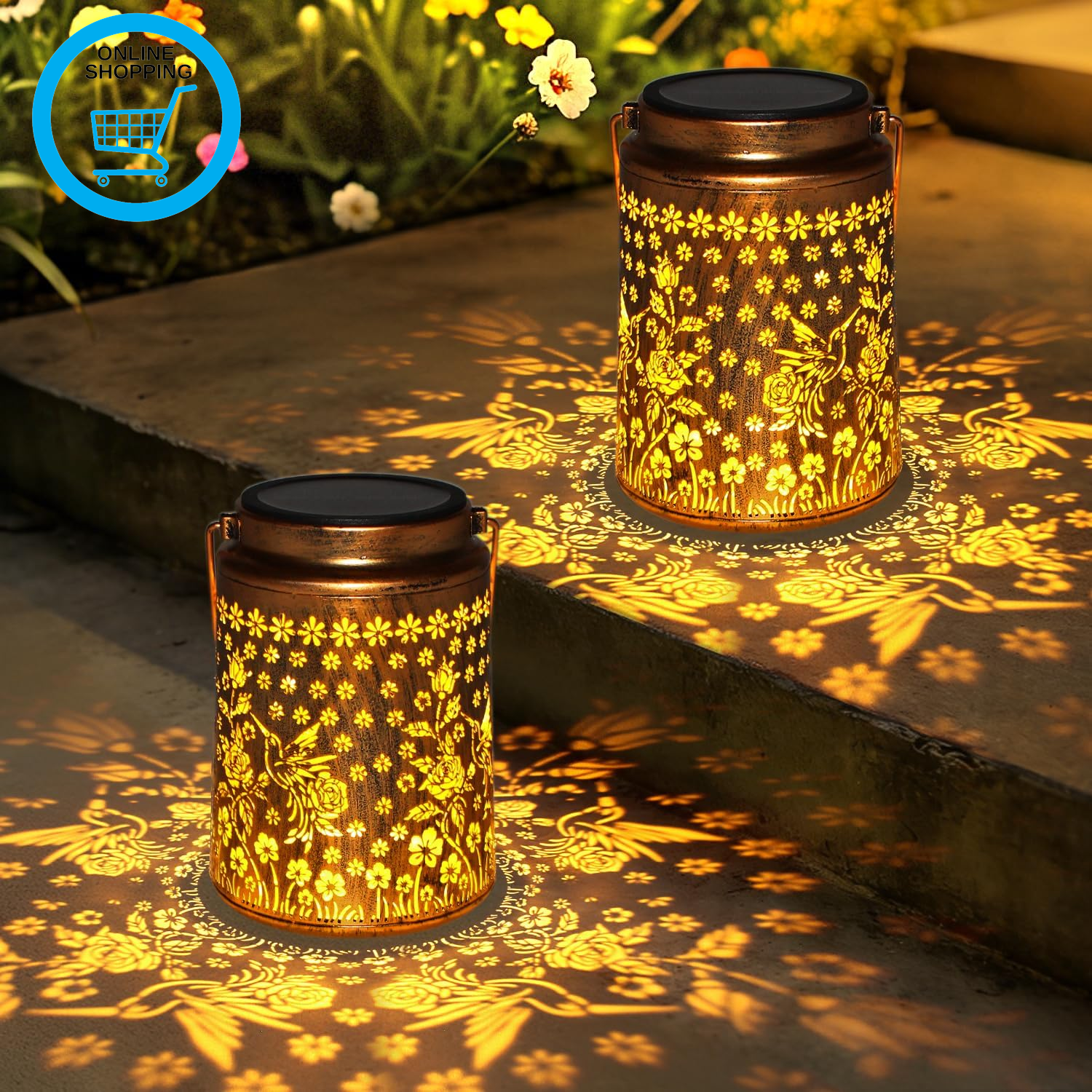 2 Pack Solar Lanterns for outside Waterproof, LED Metal Solar Powered Light for