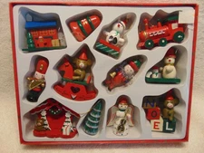 Vtg Wooden Christmas Ornaments New Boxed Set of 12 Angel Train Soilders #H