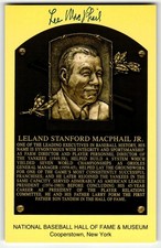 LELAND LEE MACPHAIL AUTOGRAPH COOPERSTOWN PLAQUE POSTCARD HOF EXECUTIVE DECEASED