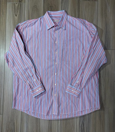 Burberry London Men’s Dress Shirt White Peach Pink Blue Striped Button Sz 2XL