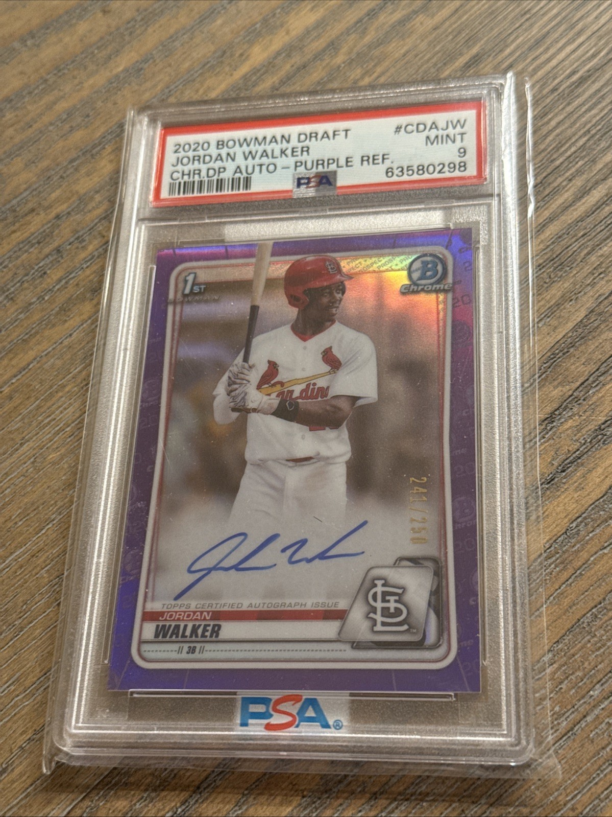 PSA 9JORDAN WALKER AUTO 2020 Bowman Chrome PURPLE REFRACTOR #/250 RC MINT