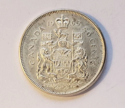 1965 CANADA SILVER 50 CENT - AU50 - QUEEN ELIZABETH II HALF DOLLAR