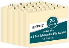 Alphabetical File Organizer, Cabinet Dividers Letter Size, 25 Manila 
