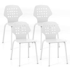 Metal Dining Chair Set of 4 Armless Kitchen Hollowed Backrest  Metal Legs White
