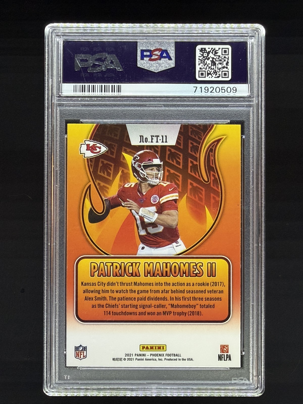 Patrick Mahomes PSA 10 2021 Panini Phoenix Flame Throwers view 2