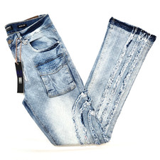 Black Light Men Jeans Stretch Slim Straight Flare Fit Med Blue Denim Rhinestone