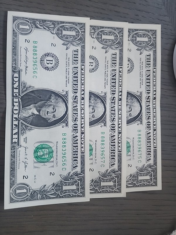 2021 THREE $1 Dollar Bill Fancy Serial Numbers ,2 Consecutive & 1 Fliped 