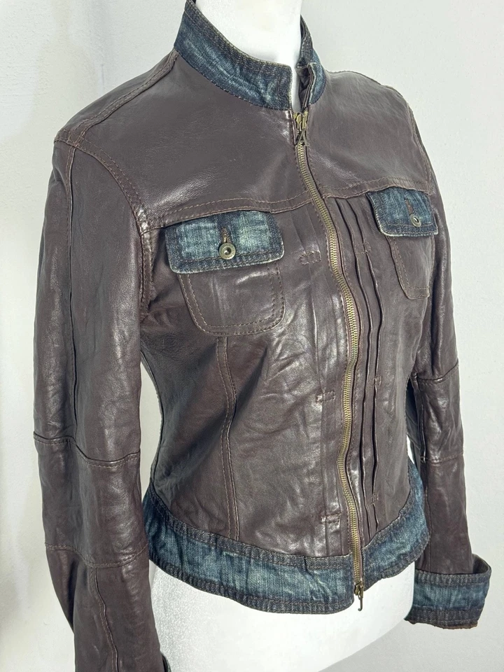 RARE VINTAGE ARMANI JEANS Sheepskin Leather Denim Trim Biker Moto Jacket Size 8 - Image 3 of 4