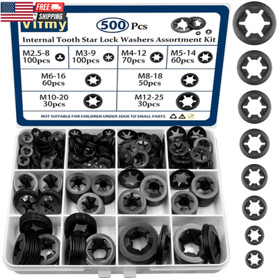 500PCS Internal Tooth Star Lock Washers, M2.5 M3 M4 M5 M6 M8 M10 M12 Push Nuts A