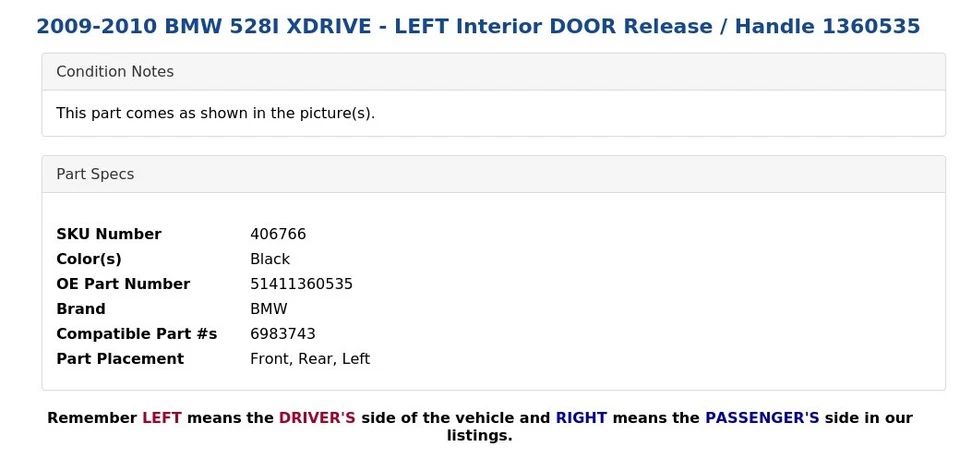 2009-2010 BMW 528I XDRIVE - LEFT Interior DOOR Release / Handle 1360535 - Image 3 of 4