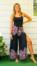 Black Boho Floral Mandala Palazzo Wrap Pants - Size Medium