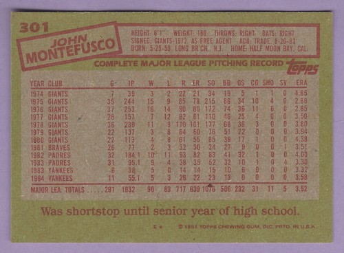 1985 Topps #301, John Montefusco, NM-MT, print defect - Picture 2 of 2