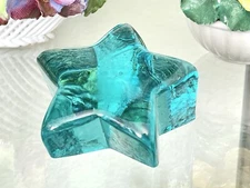 Signed Large 2001 Fire and Light Recycled Glass Aqua Blue Star Paperweight