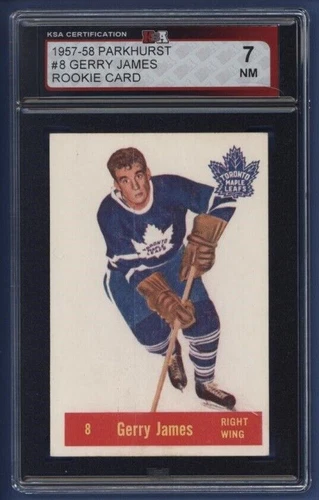 1957-58 Parkhurst #8 GERRY JAMES (rc) KSA 7 NM Toronto Maple Leafs RC