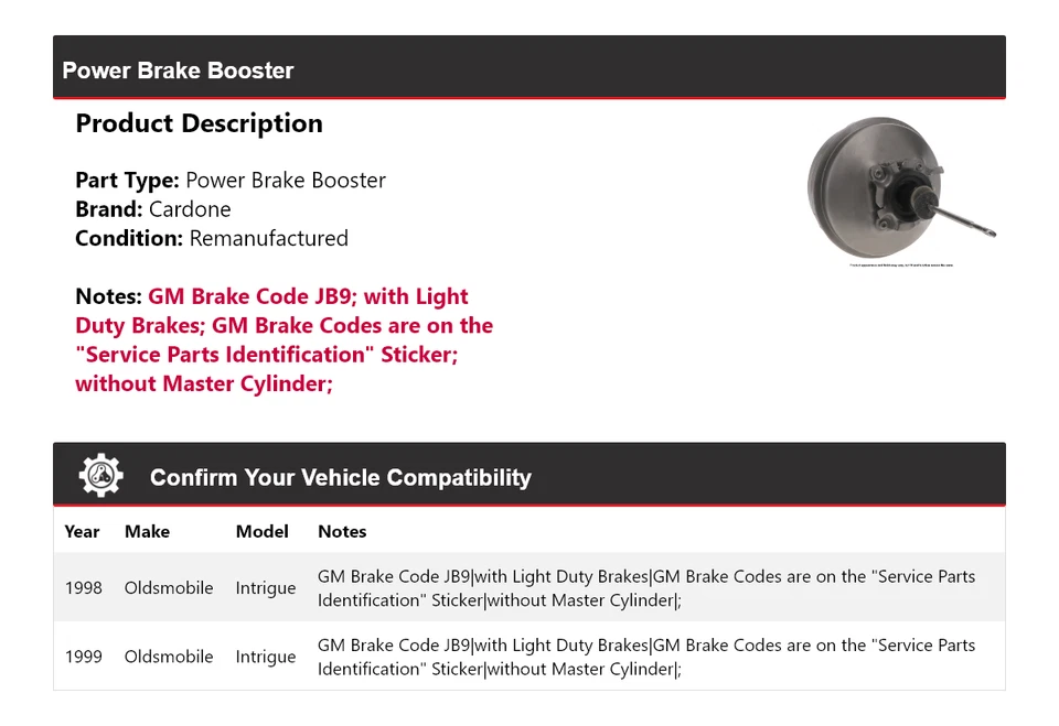 For 1998-1999 Oldsmobile Intrigue Power Brake Booster Cardone - Image 2 of 4
