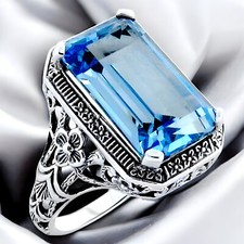 ANTIQUE STYLE 925 STERLING SILVER 8 Ct SIMULATED AQUAMARINE FILIGREE RING 334