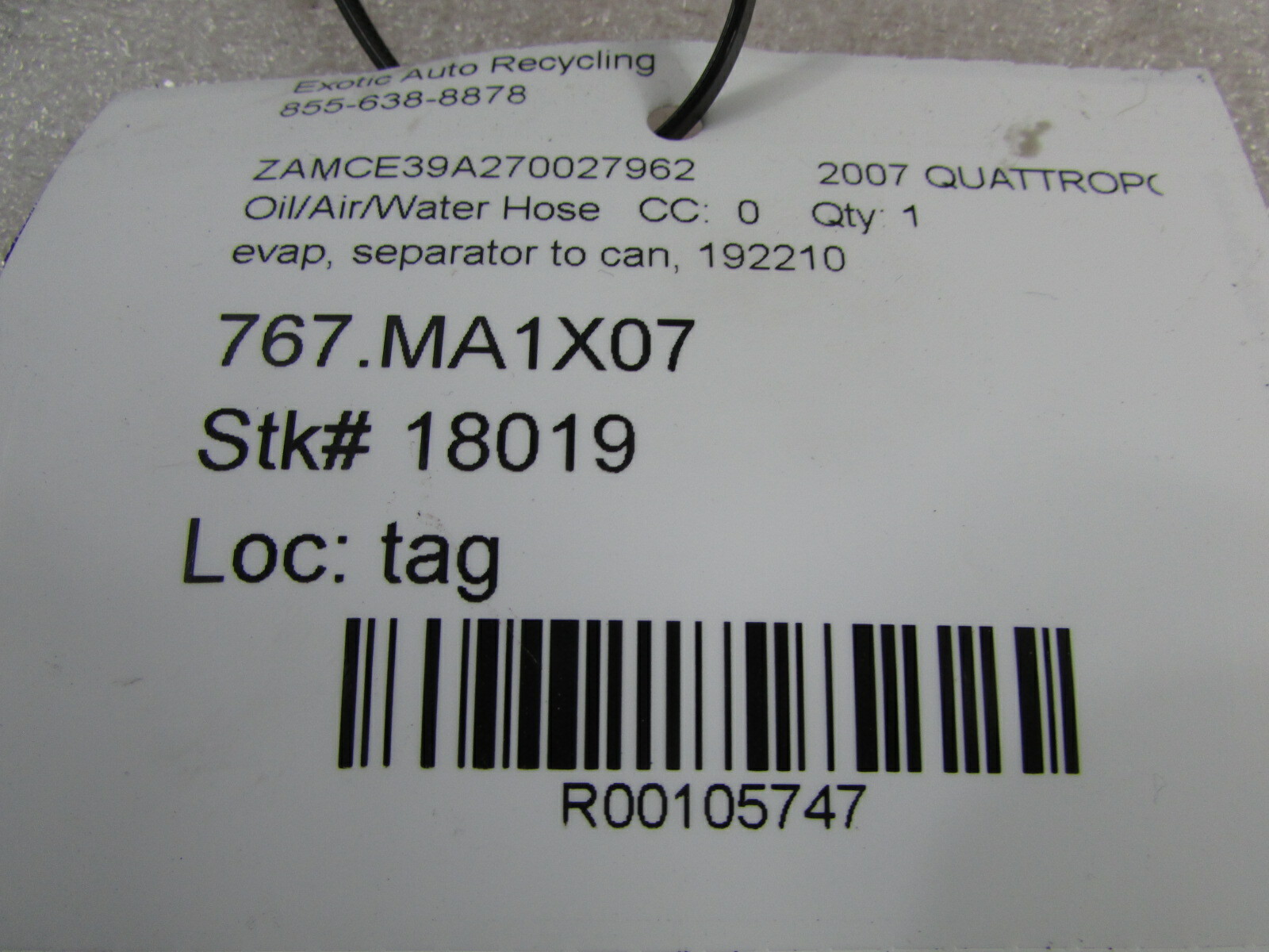 Maserati Quattroporte, Separator to Fuel Vapor Canister Hose, Used, P/N 192210