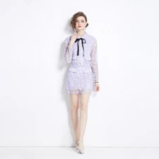 Women's Purple Patchwork Water-soluble Lace Top+A-line Skirt Two-piece Set Suit
