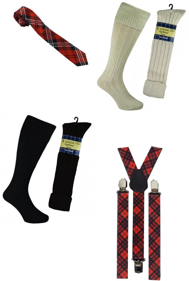 CB4 ACCESSORIES SCOTTISH FANCY DRESS Scottish Fancy Dress Kilt Socks Red Tartan Braces Red Tartan Tie Tartan Bow Tie