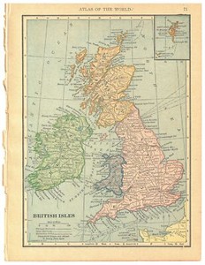 1908 Vintage Atlas Map Page - British Isles on one side and Asia on the other...
