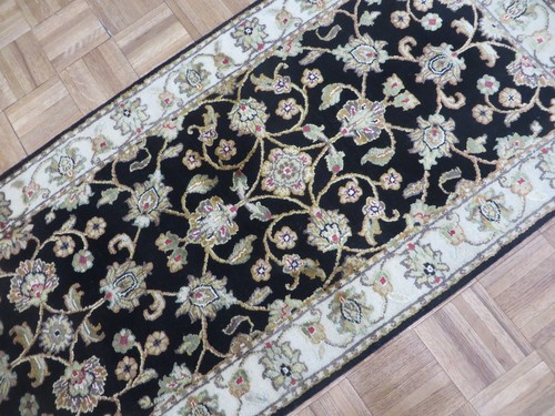 Tapis oriental noir 2'6 vente en gros x 8'1 noué main Tabrez avec soie Agra G4878