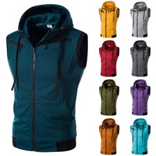 Men Tank Tops Sleeveless T Shirt Hoodie Summer Sport Slim Fit Zip-up Hooded Vest