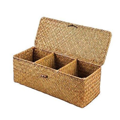Bamboo Weaving Storage Box 3 Grids Cosmetic Bathroom Basket Makeup Handmade Case
