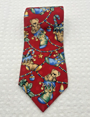 Vintage Wembley Men's Necktie Red Silk - Christmas stocking, bears, garland