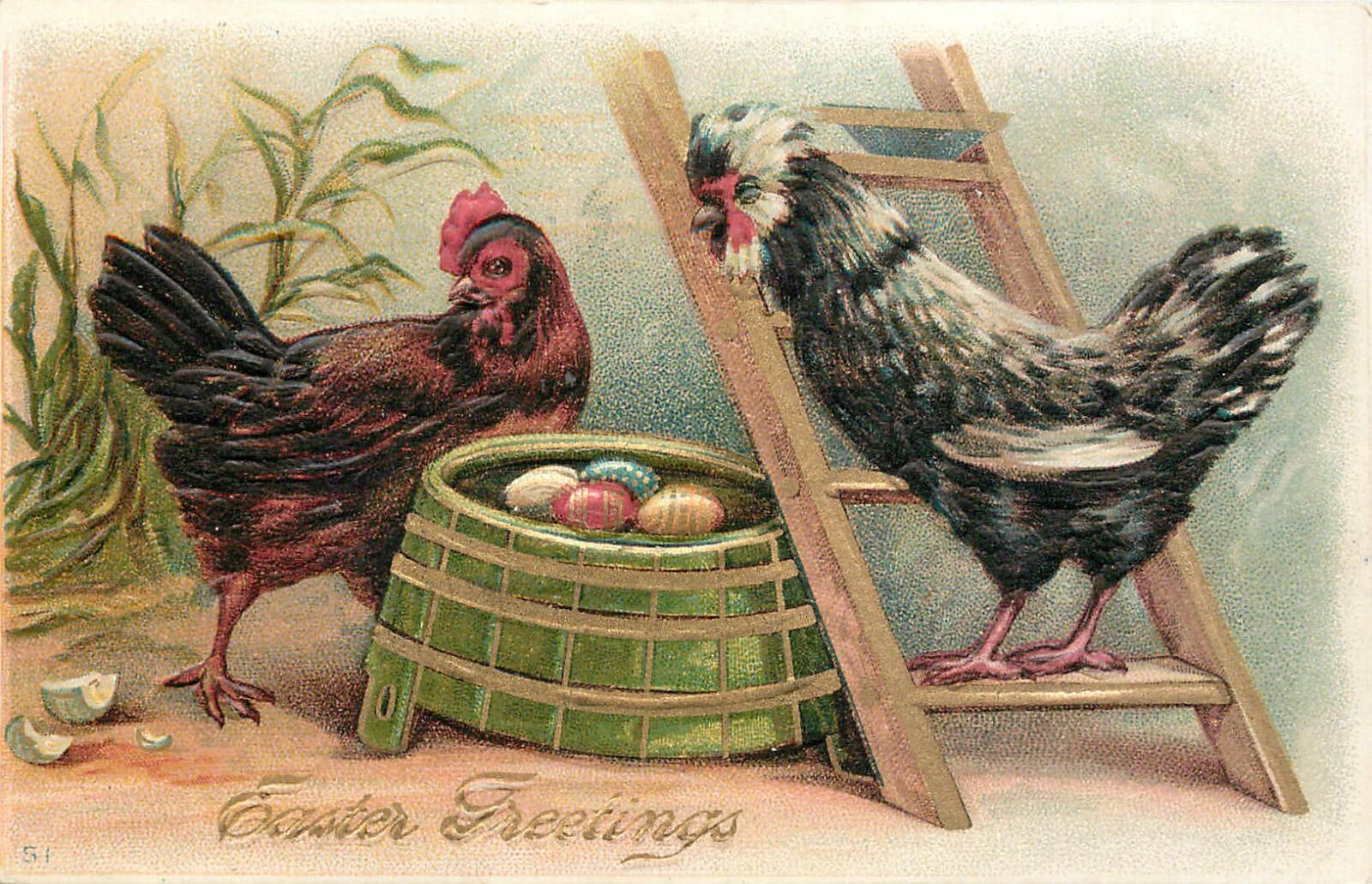 Embossed easter postcard frizzle headed chicken on ladder colored egg
