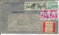 1945 Registered Peru Airmail cover to Manchester, Great Britain Sc 379,414 & 416