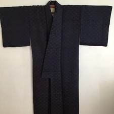 Navy Blue with Maroon Brown Brocade Texture Japanese Komon Kimono