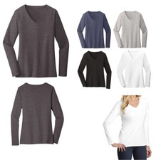 LADIES LONG SLEEVE, V-NECK T-SHIRT, LIGHTWEIGHT, SOLID OR HEATHER. S-4XL