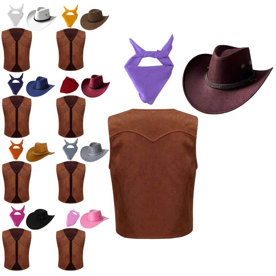 Cowboy Costume Fancy Dress Up Set with Waistcoat Bandanas and Hat for Boys Girls - Image 2 of 4