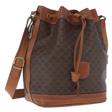 Borsa a tracolla CELINE Macadam tela pelle PVC marrone oro Auth 172917