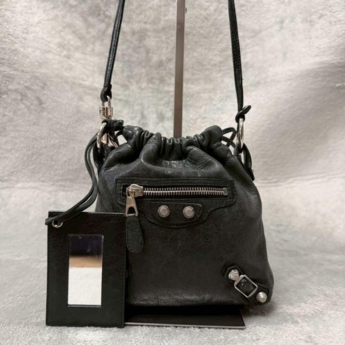 Balenciaga The City Mini Drawstring Black Leather Shoulder Bag Auth