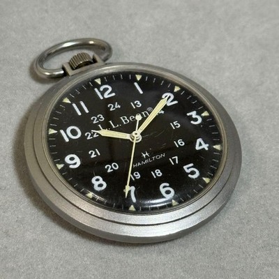 HAMILTON Pocket Watch LL Bean Double-Name Mechanical 1980s Black Dial w/Chain