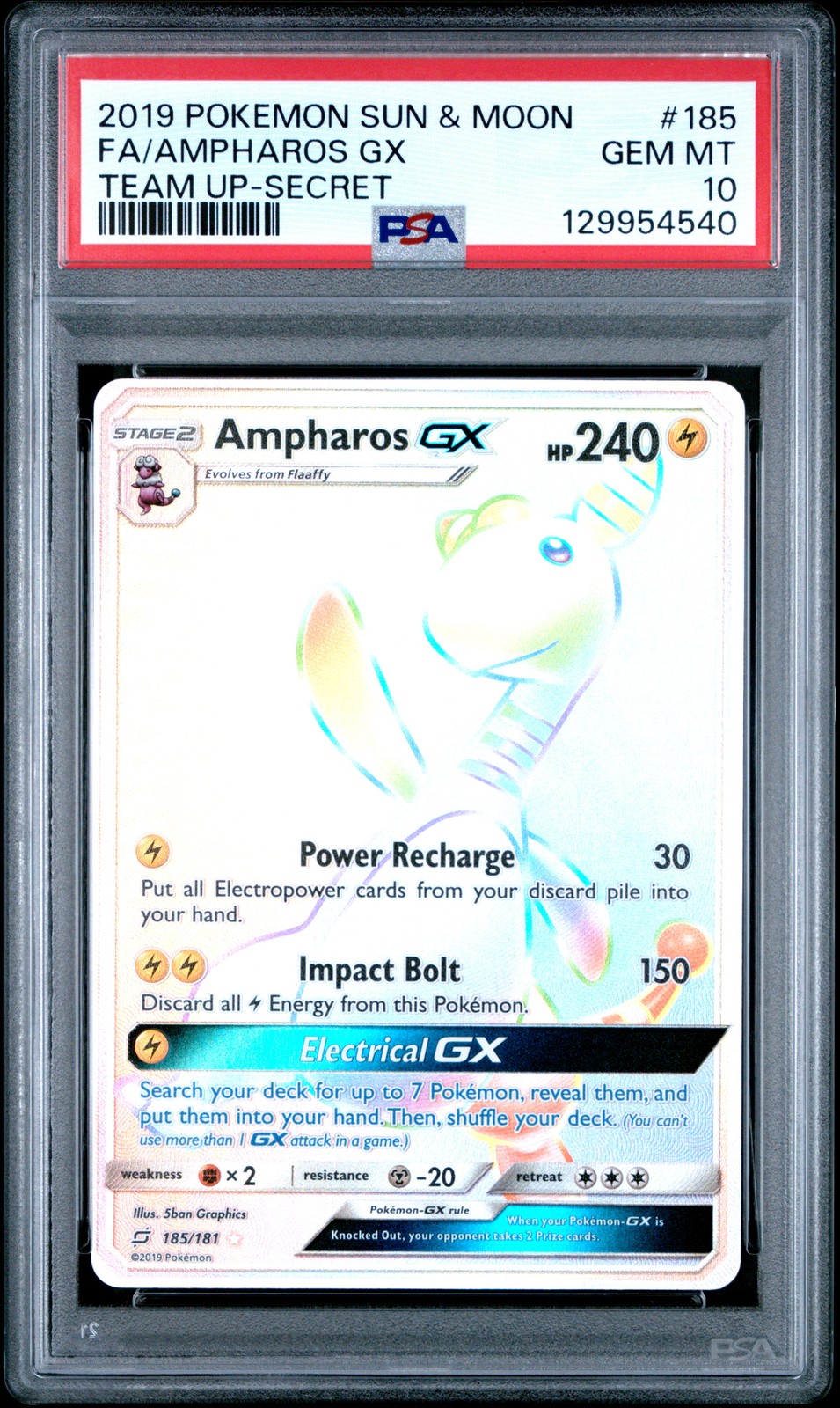 2019 POKEMON SUN & MOON TEAM UP SECRET #185 FULL ART/AMPHAROS GX PSA 10
