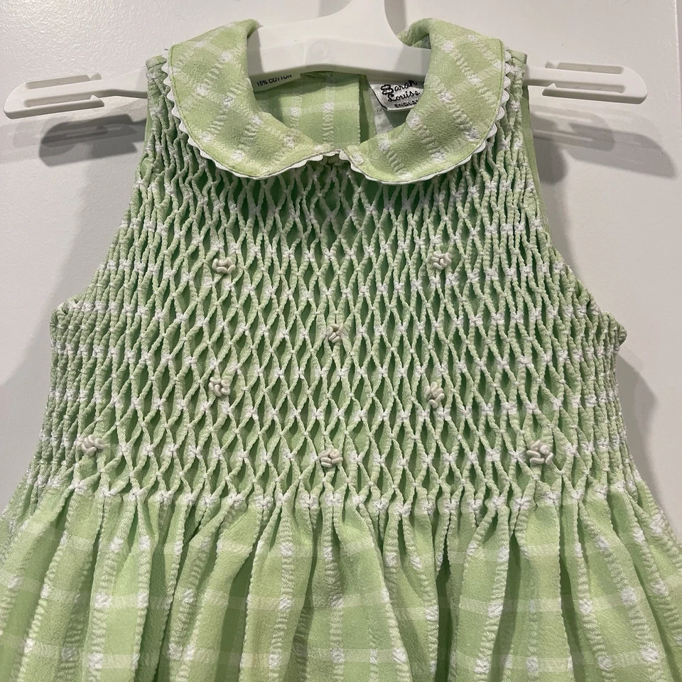 Sarah Louise England Hand Smocked Embroidered Summer Dress Gingham Green Size S - Image 3 of 4