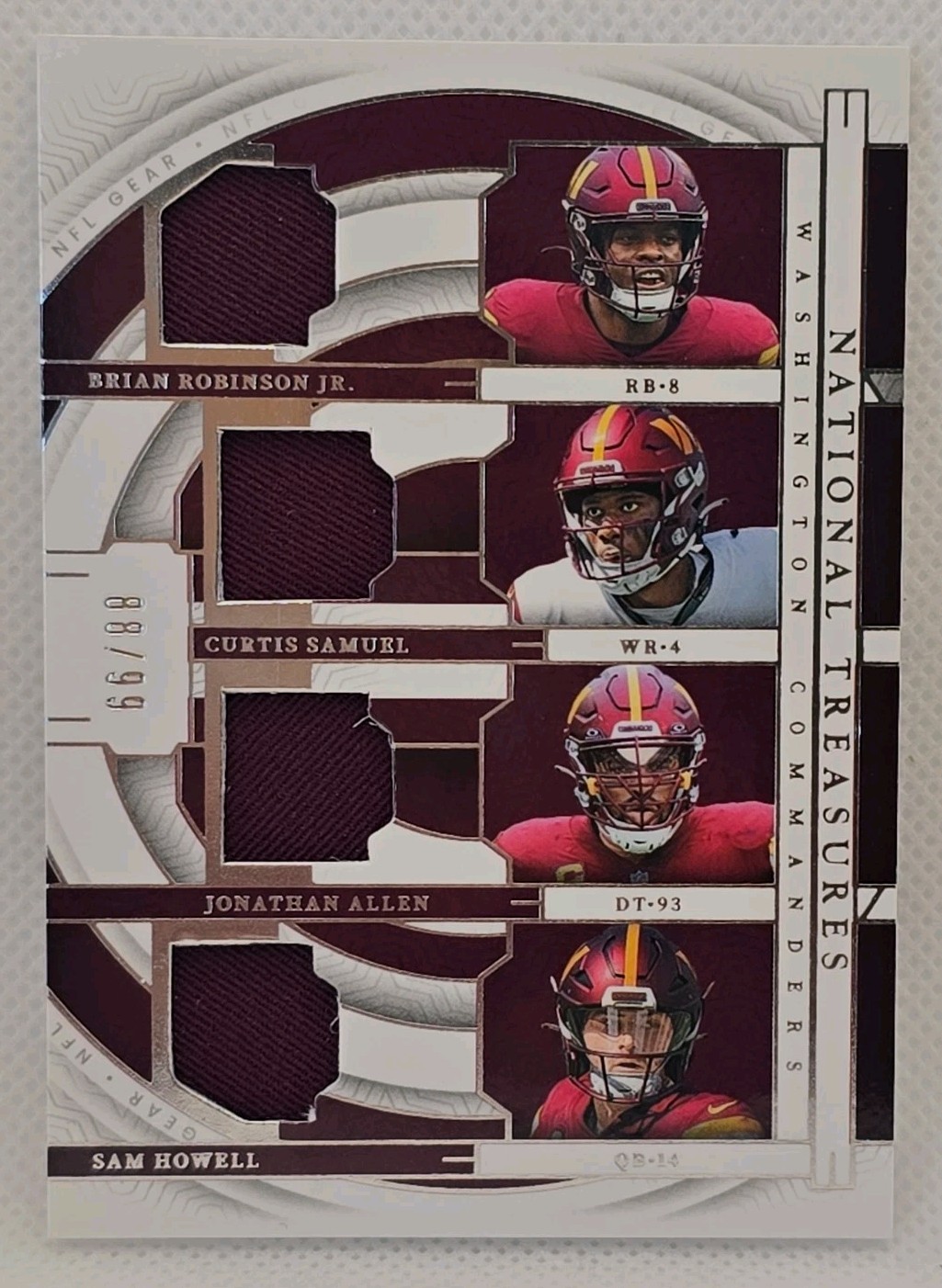 2023 Panini National Treasures Gear Quad Materials Sam Howell, Brian Thomas Jr.