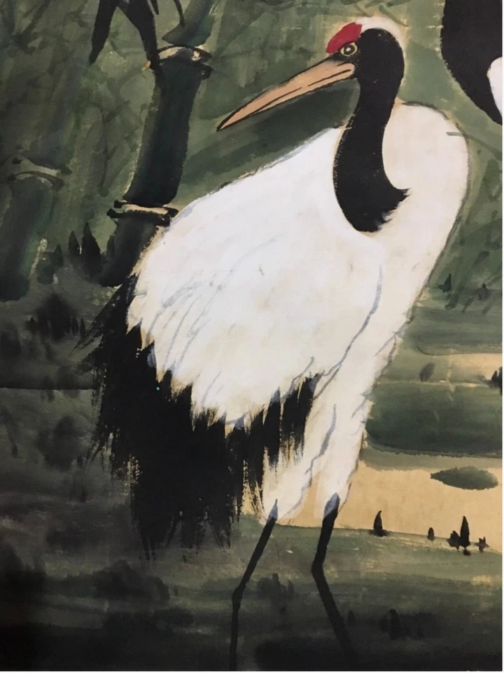 Antiguo pergamino colgante chino pintado a mano de grúa y bambú de Tang Yun Foto 4 de 4