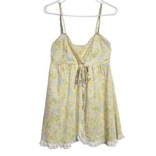 VINTAGE 70s Floral Babydoll Nightgown Lace Trim Pastel Yellow Groovy Floral