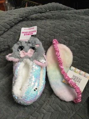 Girls Glitter Kitty Slippers Sz 1-2 With Sleep Mask NWT