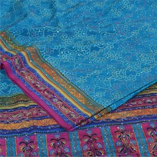 Sanskriti Vintage Sarees Blue Handembroidery Kantha Pure Crepe Print Sari Fabric