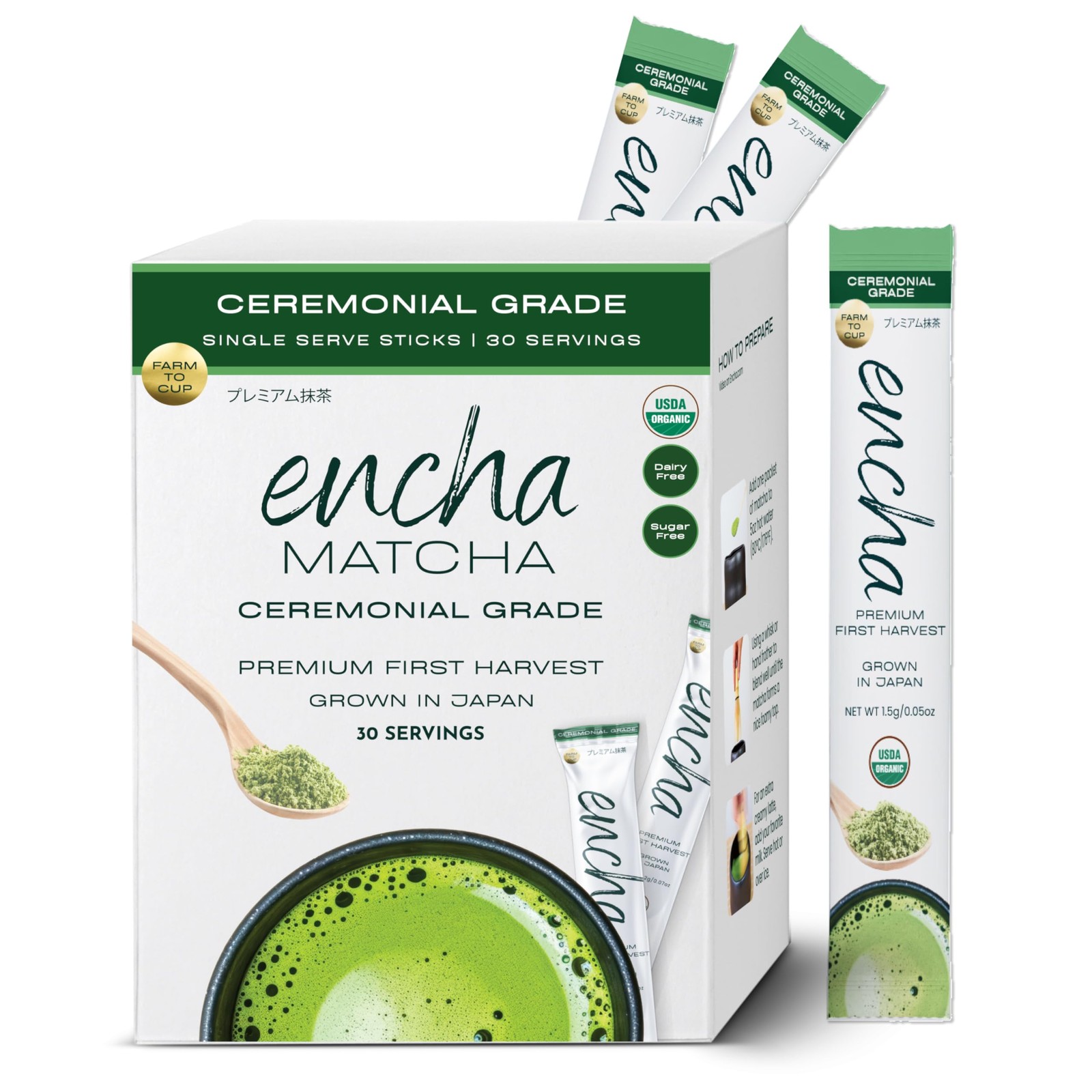 Encha Ceremonial Grade Matcha Powder - First Harvest Organic Japanese 30 Pack 