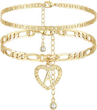 Initial Ankle Bracelets for Women 14K Gold Plated Layered Figaro Chain Letter In