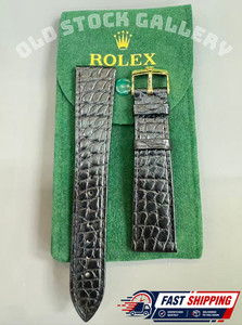 💎ROLEX Black Leather Crocodile Band 20/16mm With Rolex Crown Buckle Gold NOS'💥