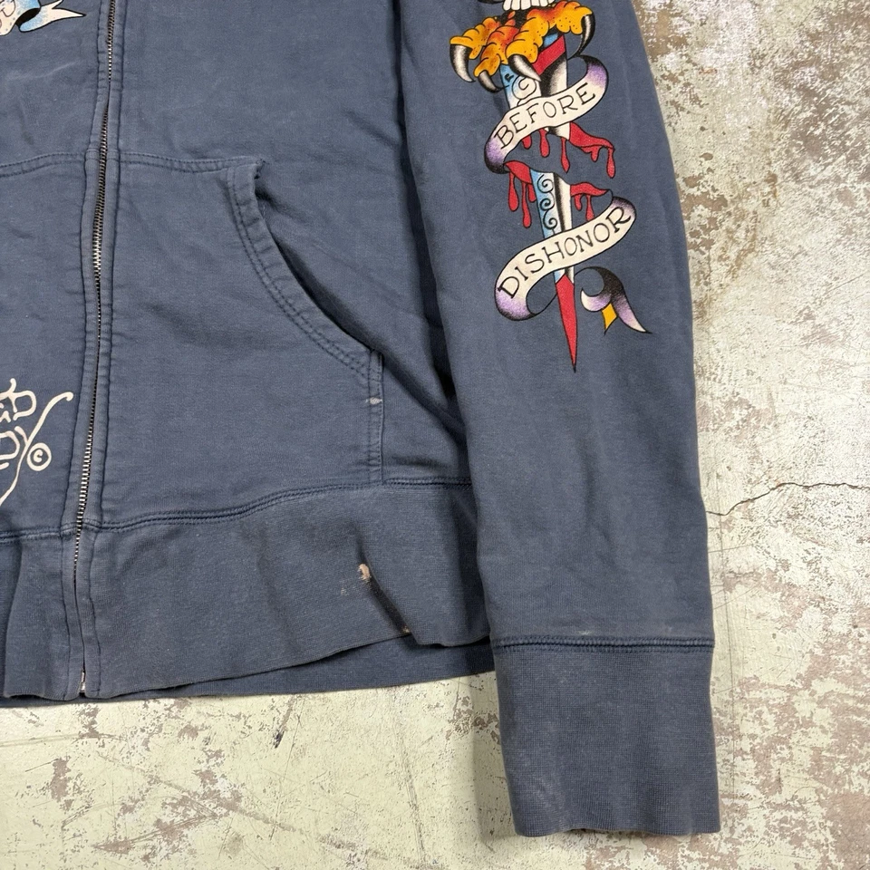 Sudadera con Capucha Vintage Ed Hardy Cremallera XL Y2K Patinador Rock And Roll Grunge Azul Tatuaje Foto 4 de 4