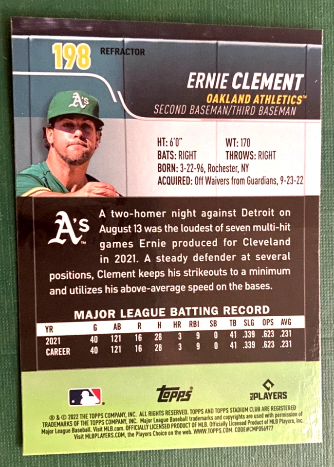 2022 Topps Stadium Club Chrome Refractor Ernie Clement #198 RC Rookie Blue Jays - Image 2 of 2