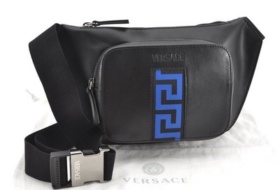 Authentic VERSACE Vintage Greca Leather Waist Body Bag Purse Black 7528L